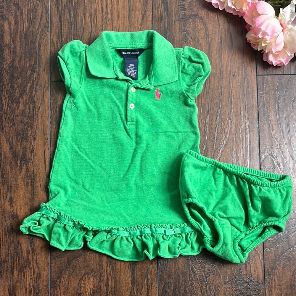 Ralph Lauren Green Polo Shirt  dress with Ruffled Hem